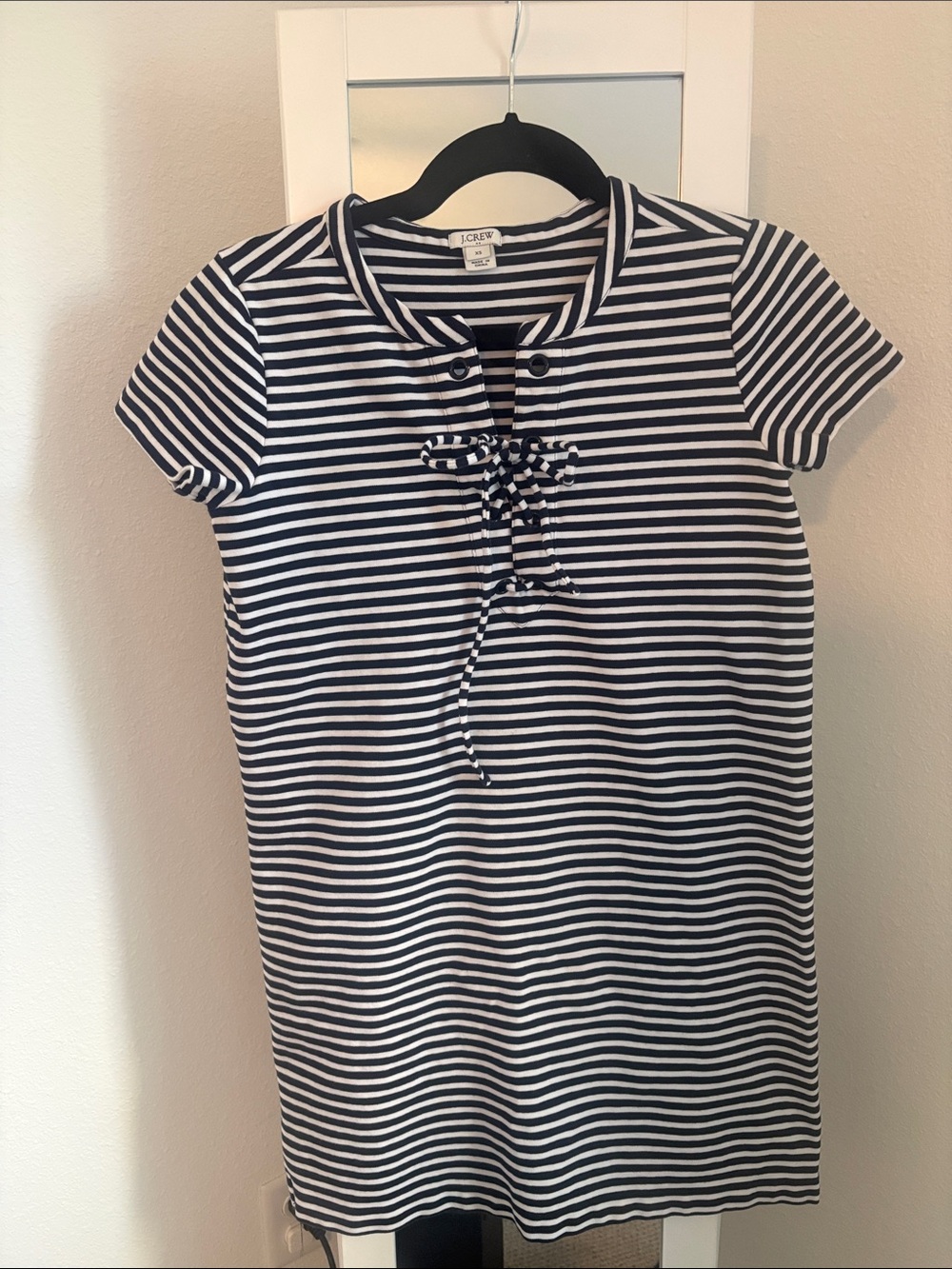 J. Crew Navy and White Striped Lace-Up Tee Dress